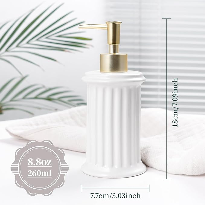 Bosilunlife Hand Soap Dispenser Ceramic - 9.5oz Lotion Dispenser for Bathroom, Dish Soap Dispenser for Kitchen, Modern Easy-to-Press, Refillable for Shampoo, Shower Gel, Cleanser, Hand Soap (White)