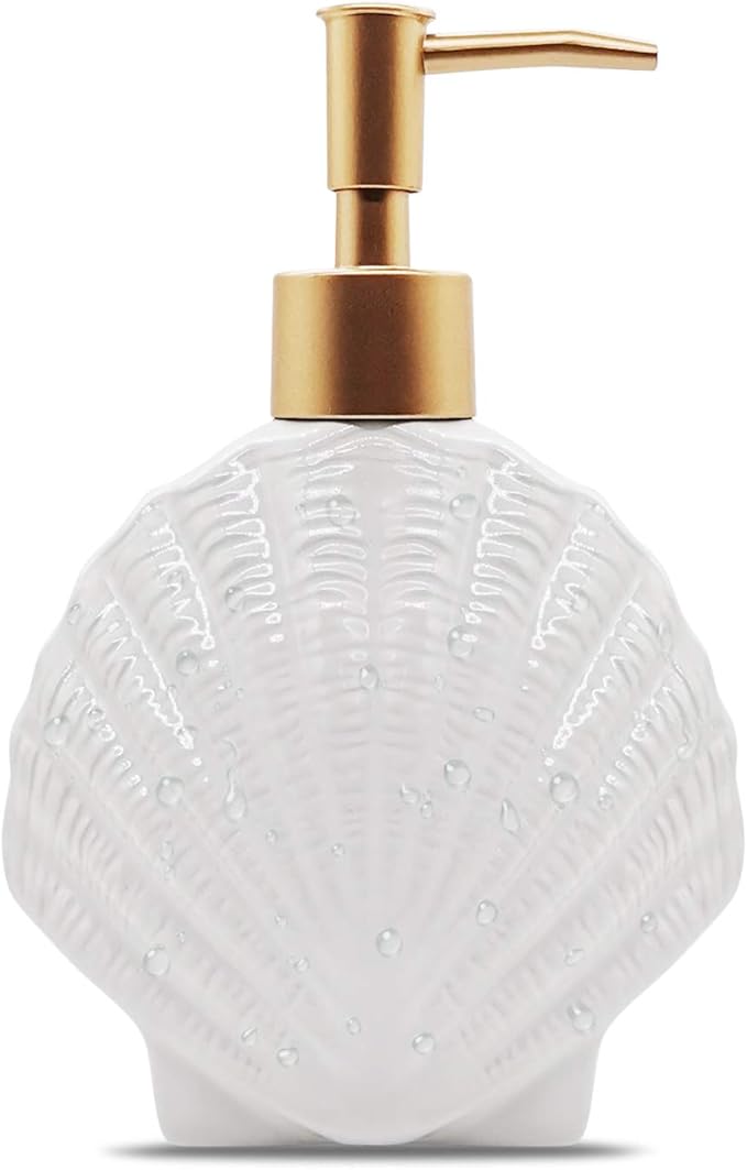 Shell-Shaped Soap Dispenser White Ceramic Lotion Bottle with Golden Matte Pump Home Décor for Bathroom Kitchen