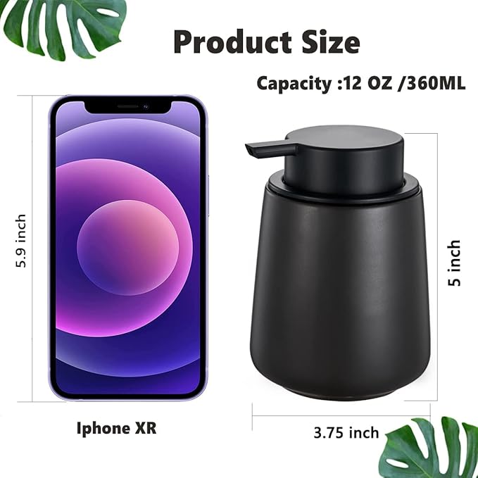 12Oz Black Soap Dispenser Set - Ceramic Lotion Hand Soap Dispenser Set with Easy-to-Press Black Pump, Refillable Mordern Liquid Dish Soap Dispensers for Bathroom & Kitchen, 2 Pack