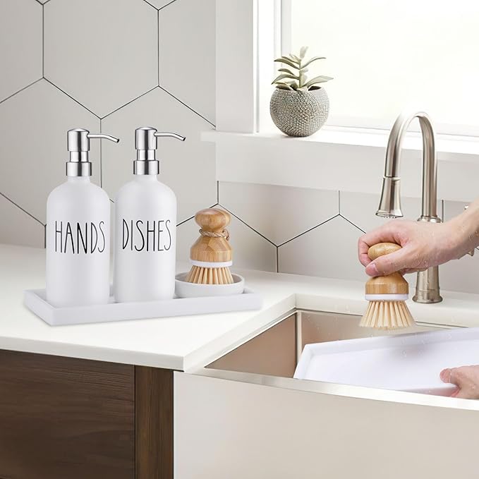 Glass Soap Dispenser for Kitchen,Farmhouse Kitchen Dish Hand Soap Dispenser Set,Rustproof Pump Soap Lotion Dispenser Set with Tray and Dish Brush,Kitchen Decor White-Silver Pump