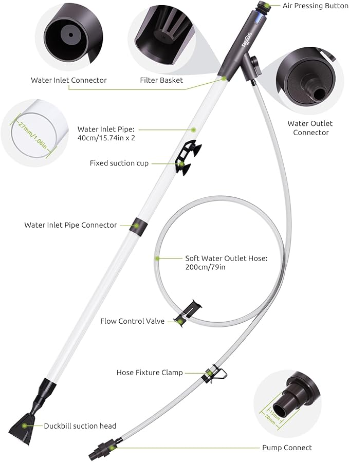 Aquarium Vacuum Gravel Cleaner Adjustable, Aquariums Siphon Fish Tank Cleaner, Manual Python Water Changer with Air Push Button, Fishtank Vacuums Cleaning Kit for Suck Manure Wash Sand