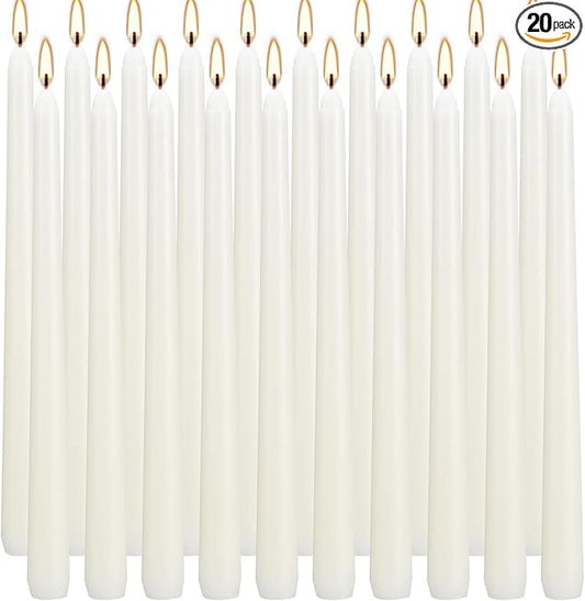 20 Ivory 10 Inch Unscented Smokeless Taper Candles with Cotton Wick, 7+ Hours of Long Lasting Burn, Great for Halloween,Home Decor & Parties, Beautiful Gifts!