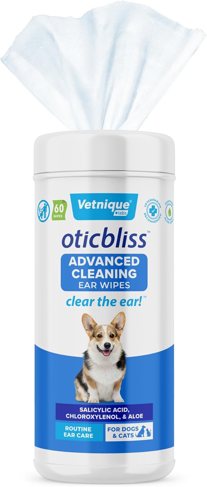 Vetnique Oticbliss Cat & Dog Ear Wipes - Dog Ear Infection Treatment or Dog Ear Cleaner Wipes for Dirty, Waxy, Smelly Dog Ears, Odor Control with Aloe Vera & Salicylic Acid (X-Lg Ear Cleaning Wipes)
