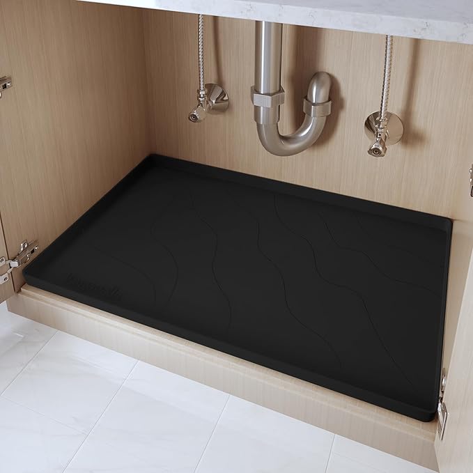 Heavy Duty Silicone Under Sink Mats for Kitchen Waterproof 37" x 22", Extra Thick Under Sink Rubber Mat Drip Tray, Raised Edge Under Sink Liner,Prevent Drips, Leaks, Spills,Black
