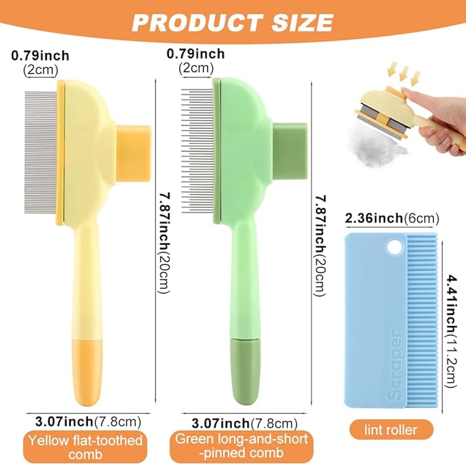 Pet Comb for Dogs Cats Brush, Flea Comb with Long Short Stainless Steel, Self-Cleaning Pet Brush for Shedding