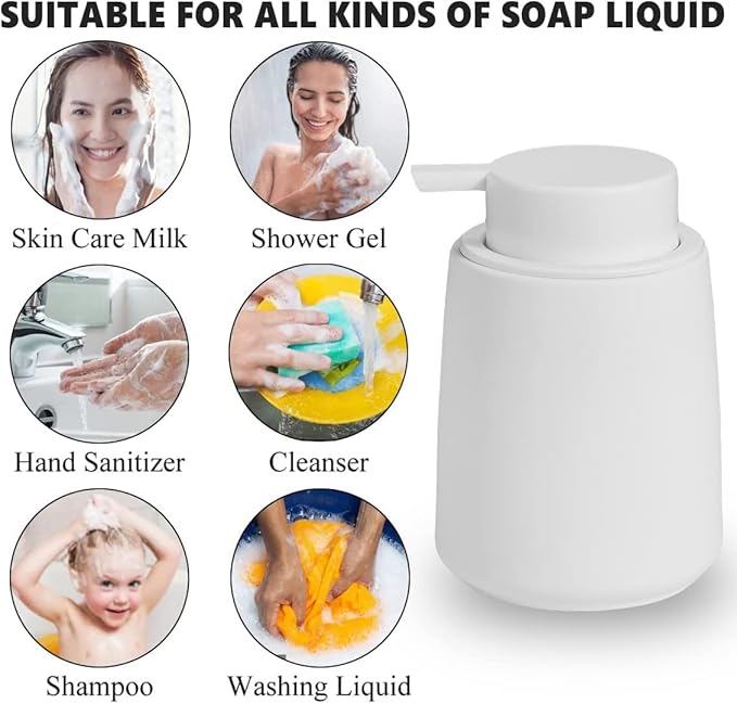 White Foam Hand Soap Dispenser - 12Oz Ceramic Foaming Soap Dispenser with Easy-to-Press Black Pump, Reusable and Refillable Liquid Lotion Dish Soap Dispensers for Bathroom, Kitchen (Rubber Paint)