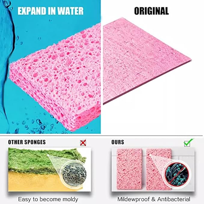 Compressed Cellulose Kitchen Sponges – 100% Natural, Biodegradable & Eco-Friendly – Space-Saving, Non-Scratch Cleaning Sponges for Dishes, Counters & More – 12 Pack