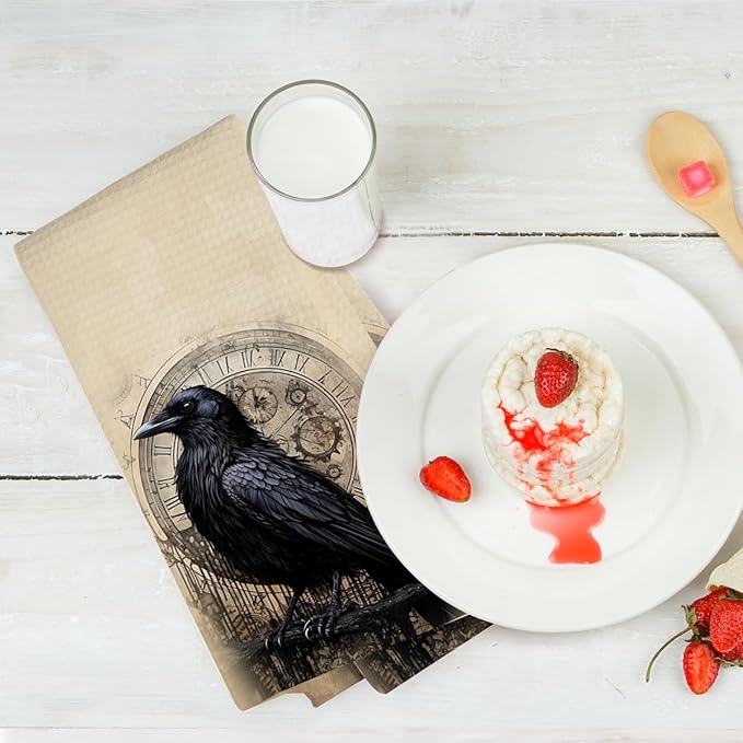2 Pcs Gothic Raven Kitchen Towels, Vintage Clock Decorative Absorbent Microfiber Dish Cloth Tea Towel, Artistic Waffle Soft Hand Towels for Farmhouse Home Bathroom Kitchen