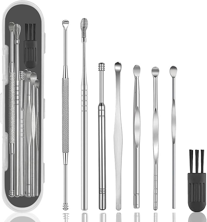 8 Pcs Ear Wax Removal Kit,Professional Double-Headed Ear Pick Earwax Removal Tools,316L Stainless Steel Ear Cleaner Curette with Cleaning Brush and Storage Box,Suit for Kid Adult(Silver)