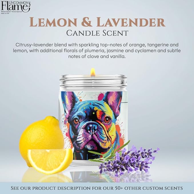 100% Handmade Non-toxic Soy Wax Candle, Citrus Floral Scent, 120hr Burn, Soot Free, Cotton Wick, 16 oz - Gift for Dog Moms & Dads, French Bulldog Lovers (Frenchie, Lemon & Lavender)