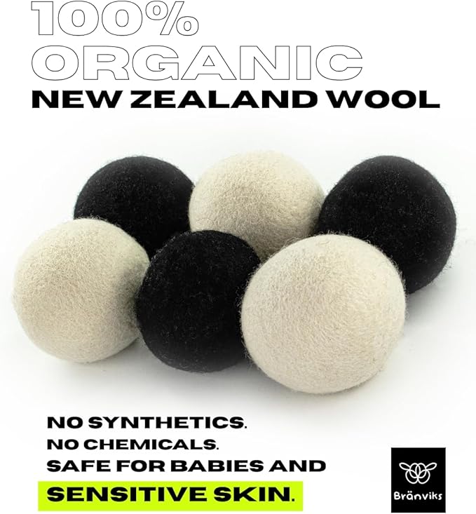 Wool Dryer Balls for Laundry – 6 XL (White & Black Set) – 100% New Zealand Wool – Natural, Reusable & Eco-Friendly Fabric Softener Alternative