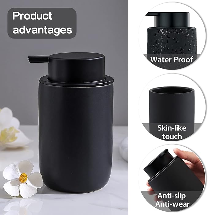 Foam Soap Dispenser Set - 2 Pack Black Ceramic Foaming Dish Hand Soap Dispenser with Black Pump for Bathroom, Bathroom Dispenser Set for Modern Home Farmhouse Decor