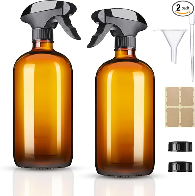 Vitreaux 16oz Amber Glass Spray Bottles,2 Pack Glass Spray Bottles Refillable Empty Bottle with Adjustable Nozzle,Spray Bottle for Essential Oils,Cleaning,Pets,Hair Mister