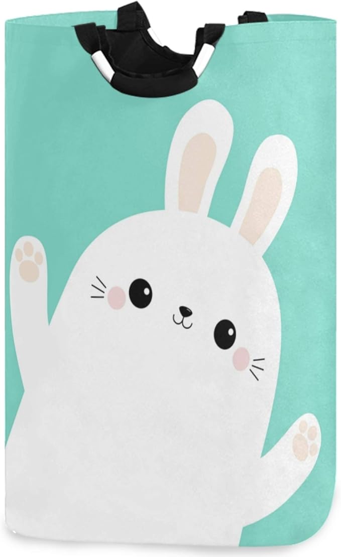 visesunny Easter White Rabbit Bunny Animal Large Laundry Hamper with Handle Foldable Durable Clothes Hamper Laundry Bag Toy Bin for Bathroom, Bedroom, Dorm, Travel