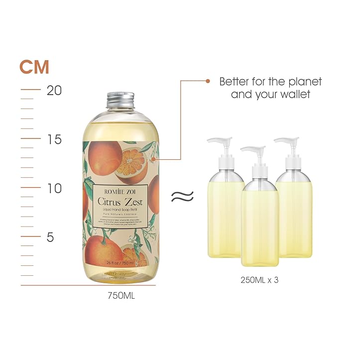 ROMIIE ZOI Liquid Hand Soap Refill Gift Set – 3 Pack (26 Fl Oz Each), Citrus Zest Scent – Moisturizing, Biodegradable & Cruelty-Free Formula with Essential Oils for Sensitive Skin
