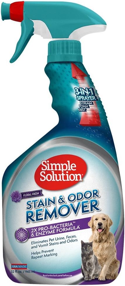 Simple Solution Stain & Odor Eliminator for Pets, Carpet Deodorizer, Enzyme Pet Odor Eliminator for Home, Stain Remover for Cat & Dog Pee, Urine Destroyer, Carpet Cleaner Spray, Fresh Floral,32 oz