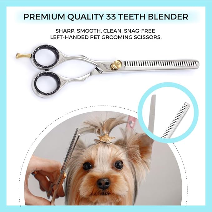 Left-Handed Pet dog Grooming Scissors Set Pro-Grade Curved Shears for Dogs Cats - Precision Crafted Sharp Blades Comfort Grip - Ideal for Cutting Curving Thinning (LH Round Tip Kit)