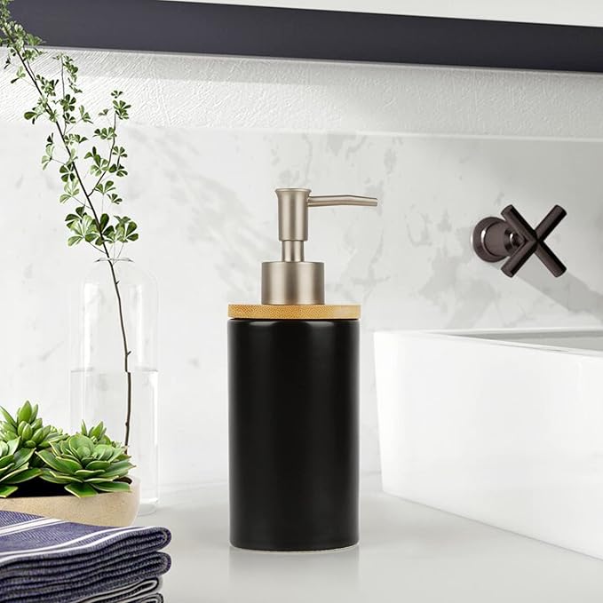 Ceramic Soap Dispenser Hand Soap Dispenser Refillable Liquid Great for Kitchen and Bathroom Decorative (Black)
