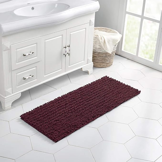Walensee Large Bathroom Rug Non Slip Bath Mat (24x60 Inch Burgundy) Water Absorbent Super Soft Shaggy Chenille Machine Washable Dry Extra Thick Perfect Absorbant Best Plush Carpet for Shower Floor