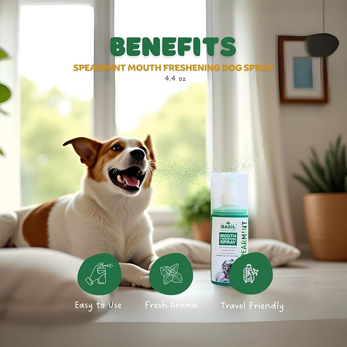 BASIL Dog Oral Care Spray – 4.4 oz | Spearmint Flavor Mouth Freshener for Dogs | for Cleaning Teeth, Gums & Fresh Breath | Easy-to-Use Dental Spray for Everyday Use
