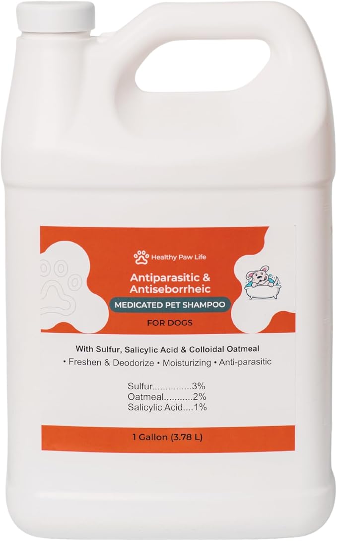 Healthy Paw Life Antiparasitic & Antiseborrheic Dog Shampoo - Sulfur, Salicylic Acid and Oatmeal - Dry, Itchy, Hot Spot, Dermatitis (1 Gal)