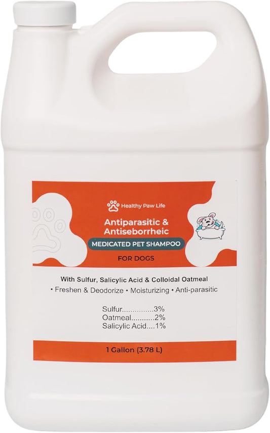 Healthy Paw Life Antiparasitic & Antiseborrheic Dog Shampoo - Sulfur, Salicylic Acid and Oatmeal - Dry, Itchy, Hot Spot, Dermatitis (1 Gal)