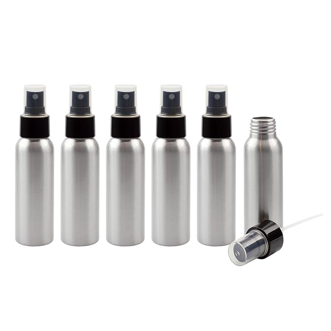 Cornucopia Brands 2-Ounce Aluminum Fine Mist Spray Bottles (6-Pack); Empty Mini Metal Atomizer Bottles, 2.75oz Travel/Purse/Sample Size