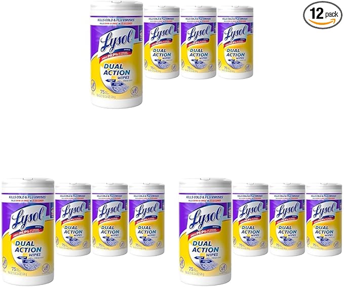 Lysol Dual Action Disinfectant Wipes, Multi-Surface Antibacterial Scrubbing Wipes, For Disinfecting and Cleaning, Citrus Scent, 75ct (Pack of 12), Packaging May Vary