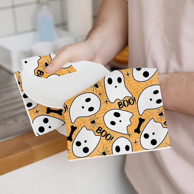 2 Pcs Cute Ghost Kitchen Towels, Halloween Themed Decorative Absorbent Microfiber Dish Cloth Tea Towel, Waffle Soft Hand Towels for Farmhouse Home Bathroom, Halloween Decor