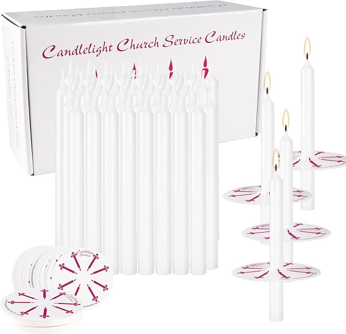 50 Church Candles with Drip Protectors for Devotional Candlelight Vigil Service, Box of 50 Candles, Unscented White 5" H X 1/2" D, No Smoke