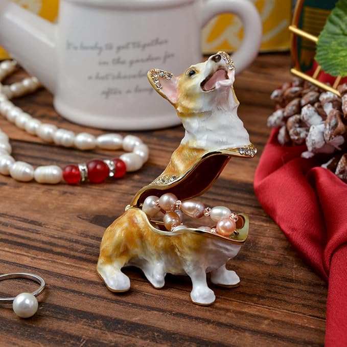 Corgi Trinket Box with Golden Crystal Enamel Design, Elegant Home Decor & Unique Gift for Dog Lovers, Pet Owners, or Special Occasion