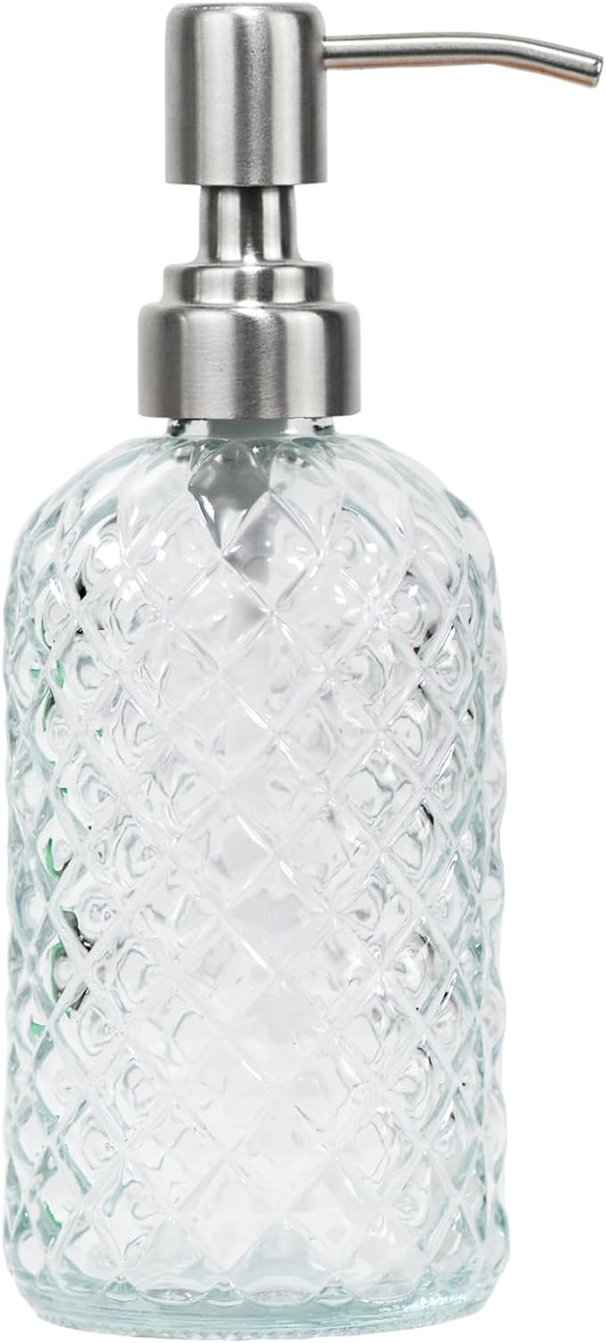 16 Oz Soap Dispenser with 304 Rustproof Stainless Steel Pump, Kitchen, Bathroom Soap Dispenser， Refillable Liquid Glass Soap Dispenser for Hand Soap, Soap, Lotion. (Clear)