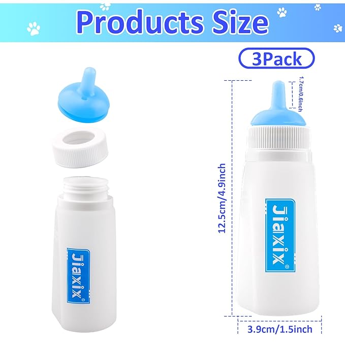 3 Pack Kitten Silicone Bottle Feeding Kit,Nipple & Feeding Kit for Kittens, Reusable Newborn Kitten Supplies, Suitable for Feeding Kitten, Puppy, Rabbit,Hamster (Blue, Large)
