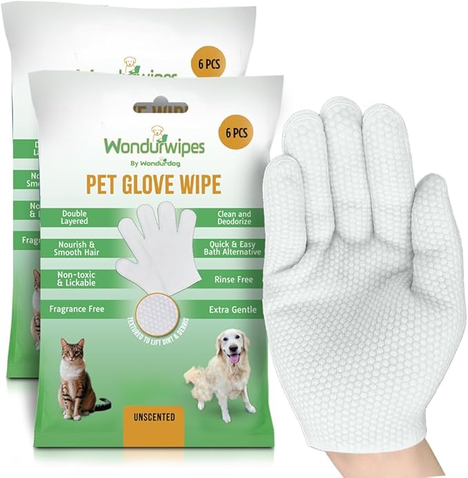 12pc. Premium Pet Glove Cleaning Wipes for Dogs & Cats | Textured, Deodorizing & Hypoallergenic Gloves with Aloe Vera & Shea Butter – Gentle, Skin-Safe Wipes for Fur, Face & Body, Odor Control