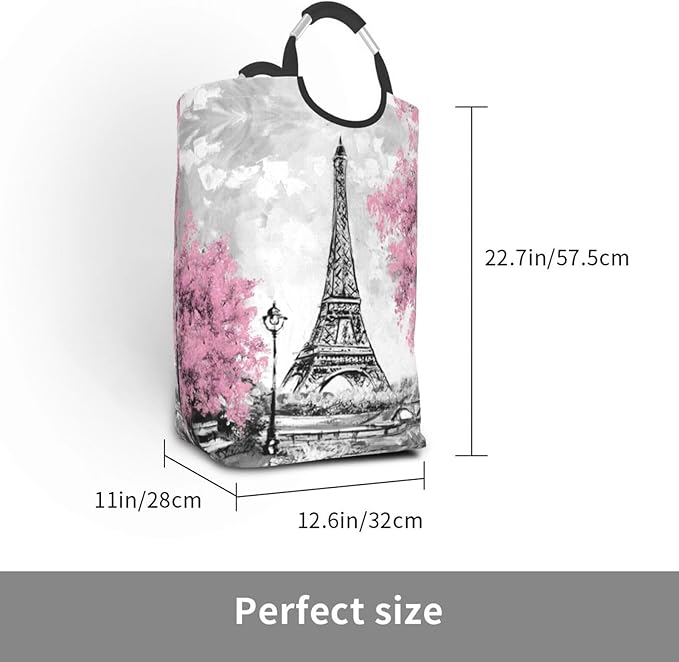 Paris Eiffel Tower Large Laundry Hamper Bag With Waterproof Liner - Laundry Basket Foldable Clothes Storage Organizer For Bathroom Bedroom Nursery Dorm