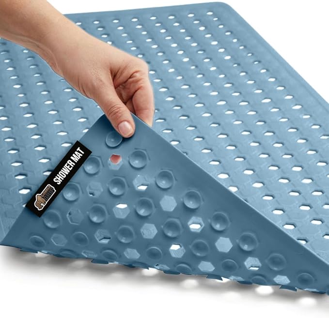 GORILLA GRIP Patented Bath Tub Shower Mat, Machine Washable Bathtub Floor Liner Mats, Suction Cups and Drain Holes to Keep Tubs Clean, Soft on Feet, Bathroom Essentials, 35x16 Inch, Sky Blue Opaque