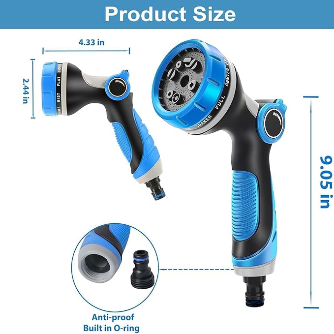 Hose Nozzle, Garden Hose Nozzle with 10 Spray Patterns, Thumb Control On Off Valve, High Pressure Nozzle Sprayer for Plants, Car Wash, Cleaning, Pet Showering (Blue)