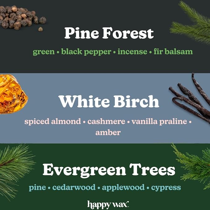 Happy Wax Winter Woods Mix Scented Soy Wax Melts- Includes: Pine Forest, Evergreen Trees and White Birch - 6 oz Mix