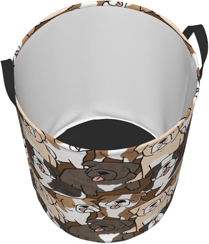 Cute Dogs Laundry Hamper Bag With Waterproof Liner - Cartoon Bulldog Puppy Round Laundry Basket Foldable Clothes Storage Organizer For Bathroom Bedroom Nursery Dorm, S-16.5"X 13.8"