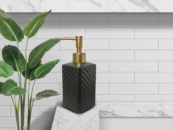 Gold Soap Dispenser for Bathroom,Black Square Lotion Dispenser, Refillable Countertop Ceramic Hand Soap Dispenser,Dish Soap Dispenser for Kitchen 350ml(Black Square Bottle)