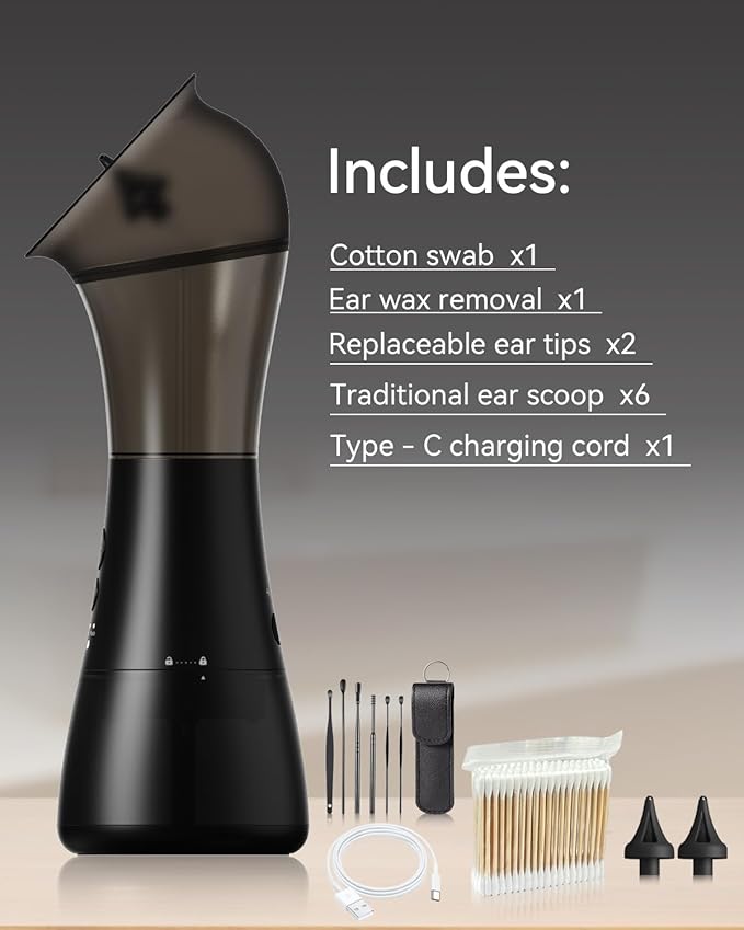 Ear Wax Removal Kit with Integrated Waste Tank, Safe Water Ear Cleaner with Temperature Sensor, 4 Pressure Modes for Varying Earwax Levels – Effective Smart Electric Ear Cleaning for Family Use