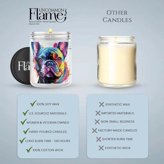 100% Handmade Non-toxic Soy Wax Candle, Warm Sweet Scent, 120hr Burn, Soot Free, Cotton Wick, 16 oz - Gift for Dog Moms & Dads, French Bulldog Lovers (Frenchie, Warm Vanilla Sugar)