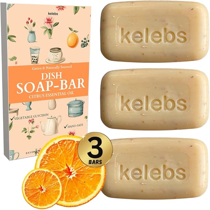 KELEBS Citrus Essential Oil Dish Soap Bar - Organic - Pack of 3 (3.8 oz each), Skin-Safe, Non-Toxic, Sustainable Kitchen Soap - Zero Waste