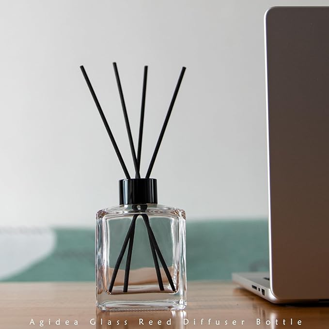 4PCS Glass Diffuser Bottles, Refillable Square Shape With 20pcs Reeds Sticks, Black Caps & Funnel, 4.05" High 200ml 7.05 fl oz. Jars for Home Oil Fragrance Decoration