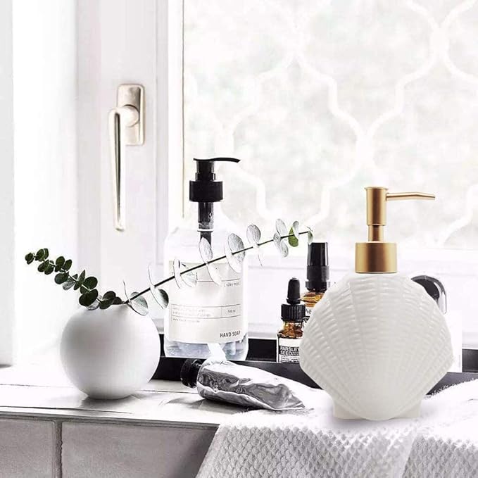 Shell-Shaped Soap Dispenser White Ceramic Lotion Bottle with Golden Matte Pump Home Décor for Bathroom Kitchen