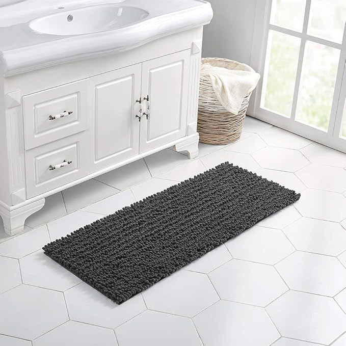 Walensee Large Bathroom Rug Non Slip Bath Mat (24x60 Inch Dark Gery) Water Absorbent Super Soft Shaggy Chenille Machine Washable Dry Extra Thick Perfect Absorbant Best Plush Carpet for Shower Floor