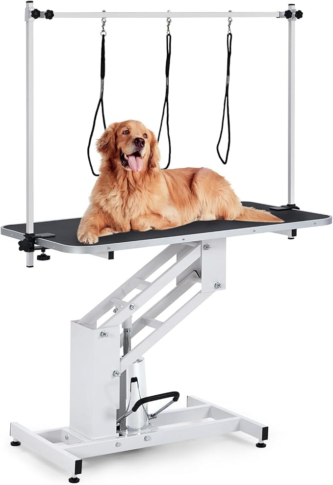 43.6" Pet Grooming Table for Large Dogs, Heavy Duty Height Adjustable Dog Grooming Table With Overhead Arm & Noose Height Range 22''-39'', Maximum Capacity Up to 350 Lbs, White
