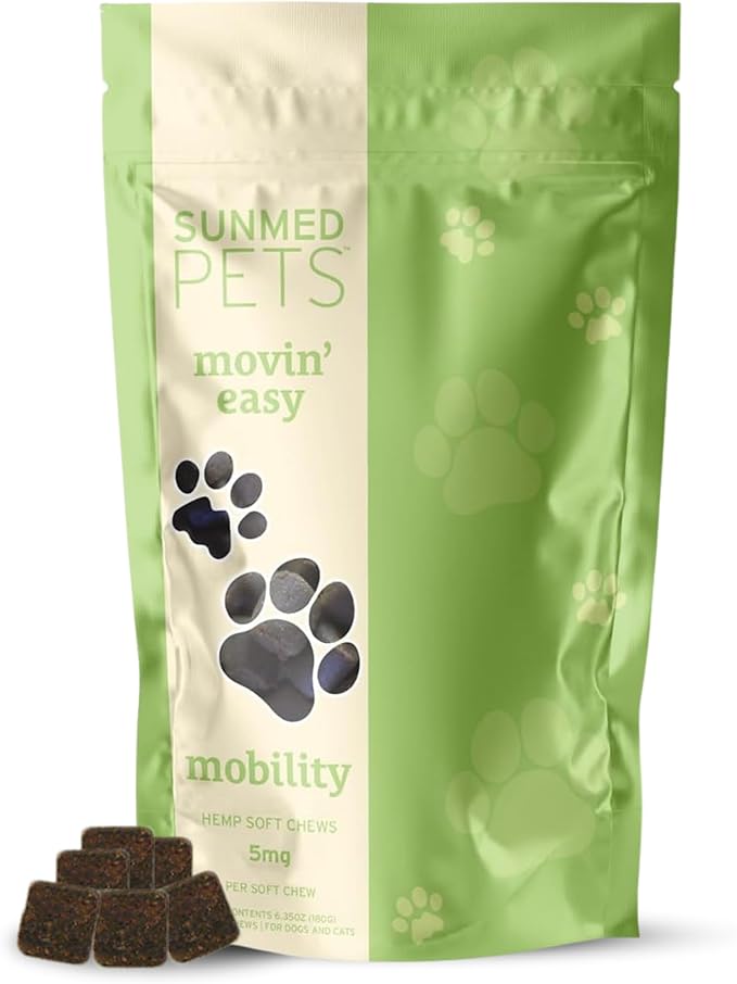 Sunmed Movin' Easy Hemp Pet Chews for Joint Health & Mobility – Omega-3, Green Lipped Mussels, 5mg Hemp Extract – Supports Flexibility & Comfort | Beef Liver & Sweet Potato, 40 Count