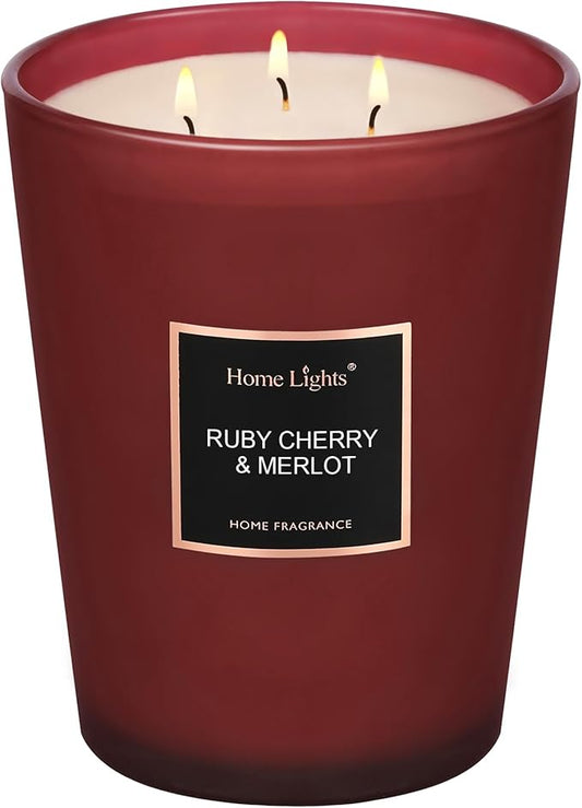 HomeLights Scented Candles - Large Jar Aromatherapy, Natural Soy Wax, 130 Hour Long Burning, Ruby Cherry & Merlot