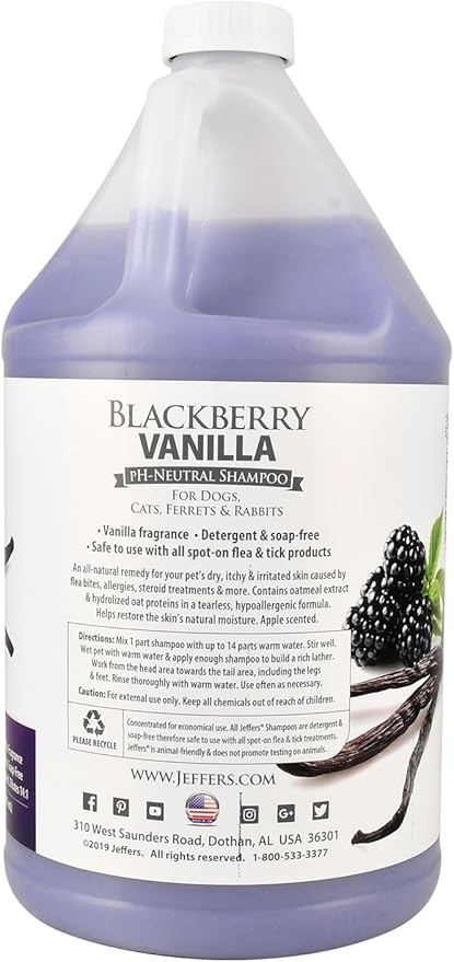 Jeffers Pet BlackBerry Vanilla Shampoo 1 Gallon - Gentle Tearless Formula for Sensitive Skin, Aloe Vera & Coconut Oils, Safe for Dogs, Cat & Rabbit, PH Neutral, Detergent Free, Healthy Coat Care